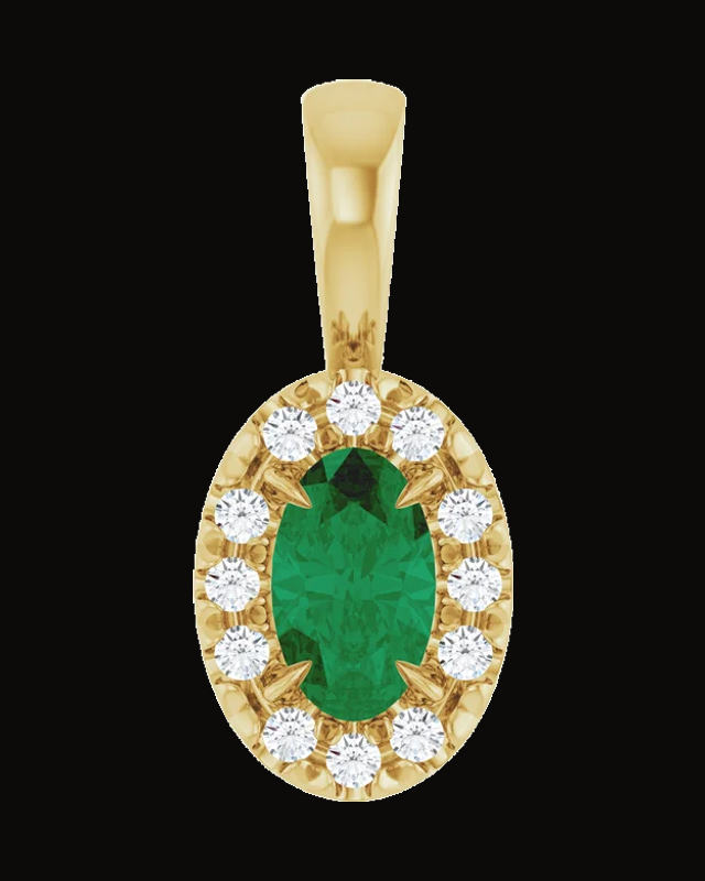 Lab-Grown Emerald And 0.05 CTW Natural Diamond French-Set Halo-Style Pendant — 14K Yellow Gold