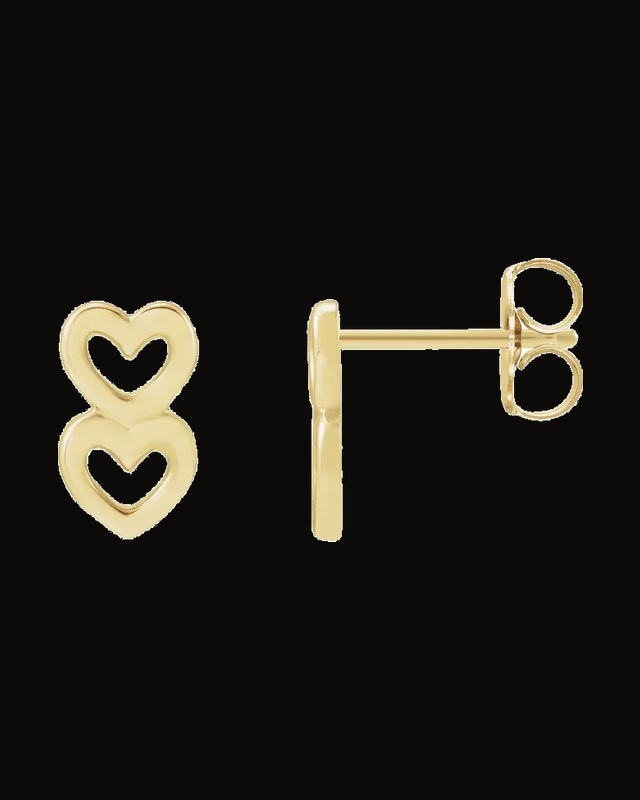 Two Heart Drop Earrings — 14K Yellow Gold