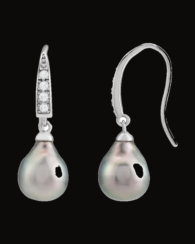 Cultured Tahitian Pearl And Natural Imitation Cz Drop Earrings — Rhodium-Plated on Rhodium-Plated Sterling Silver