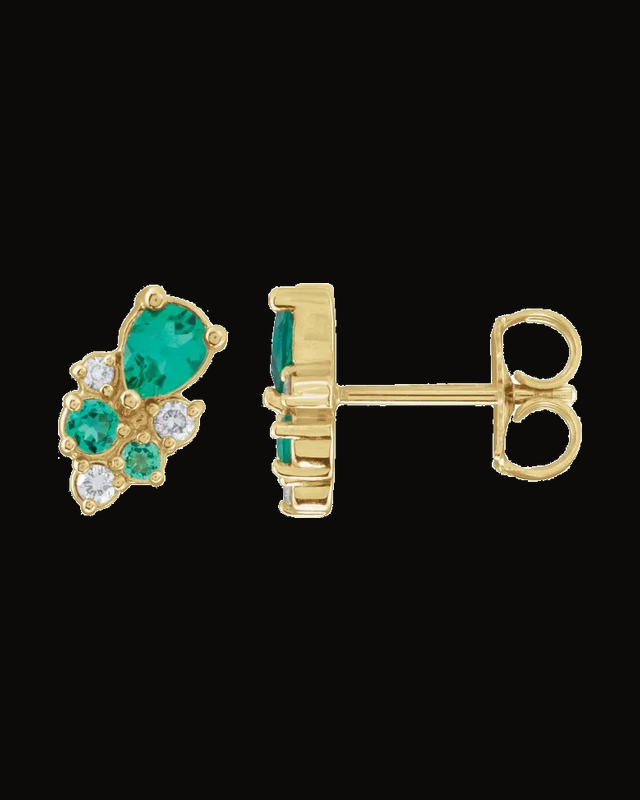 Lab-Grown Emerald And 0.07 CTW Lab-Grown Diamond Cluster Stud Earrings — 14K Yellow Gold