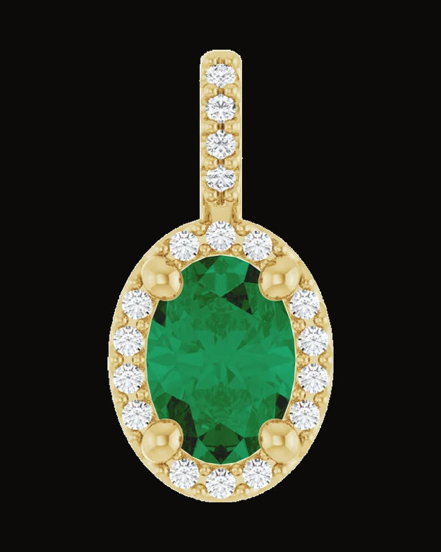 Lab-Grown Emerald And 0.07 CTW Natual Diamond 4-Prong Halo-Style Pendant — 14K Yellow Gold