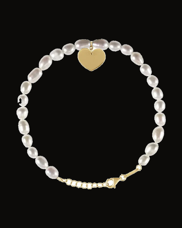 Cultured Freshwater Pearl Strand Bracelet With Heart Dangle — 14K Yellow Gold