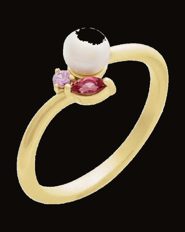 Cultured Akoya Pearl And Natural Pink Tourmaline And Natural Pink Sapphire Ring — 14K Yellow Gold · 7 x 6.75 mm