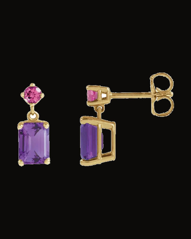 Natural Amethyst And Natural Pink Tourmaline Dangle Earrings — 14K Yellow Gold · 7 x 5 mm