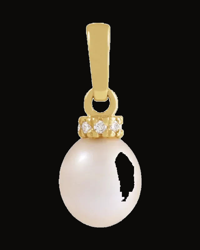 Cultured White Freshwater Pearl And 0.08 CTW Natural Diamond Pendant — 14K Yellow Gold