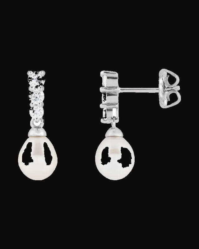 Cultured Freshwater Pearl And Imitation Cz Dangle Earrings — Rhodium-Plated on Rhodium-Plated Sterling Silver