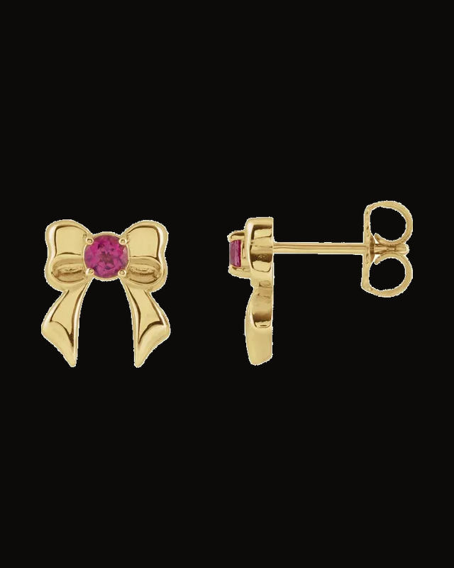 Natural Pink Tourmaline Bow Stud Earrings — 14K Yellow Gold · 3 mm