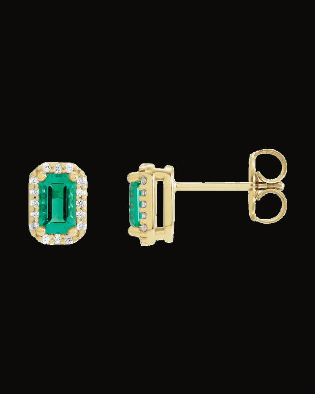Lab-Grown Emerald And 0.07 CTW Natural Diamond Halo-Style Earrings — 14K Yellow Gold