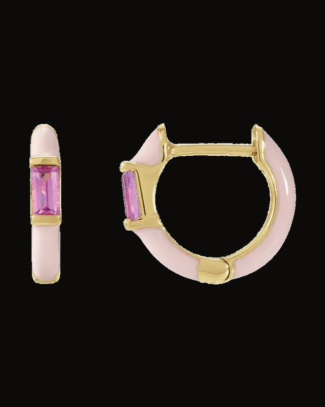 Natural Pink Tourmaline And Pink Enamel Hinged Hoop Earrings — 14K Yellow Gold · 3.5 x 1.8 mm