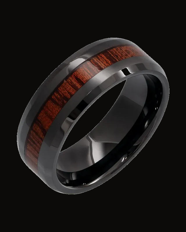 Beveled-Edge Mahogany Wood Inlay Comfort-Fit Band — Black Ceramic