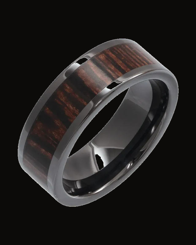 Wenge Wood Inlay Comfort-Fit Flat Band — Black Ceramic
