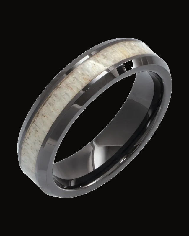 Beveled-Edge Antler Wood Inlay Comfort-Fit Band — Black Ceramic