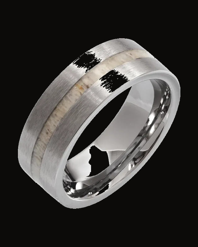 Antler Wood Inlay Comfort-Fit Flat Band with Satin Finish — Tungsten