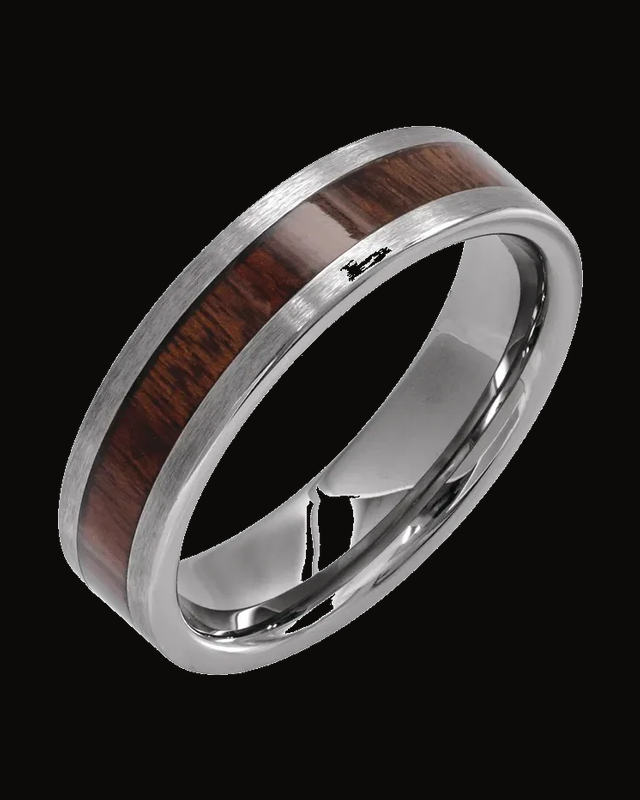 Texas Ebony Wood Inlay Comfort-Fit Flat Band — Tungsten