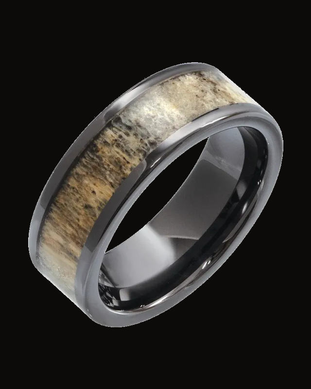 Antler Wood Inlay Comfort-Fit Flat Band — Ceramic · 6 mm