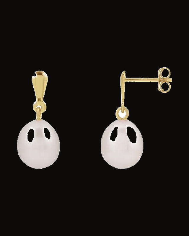 Cultured Freshwater White Pearl Drop Earrings — 14K Yellow Gold