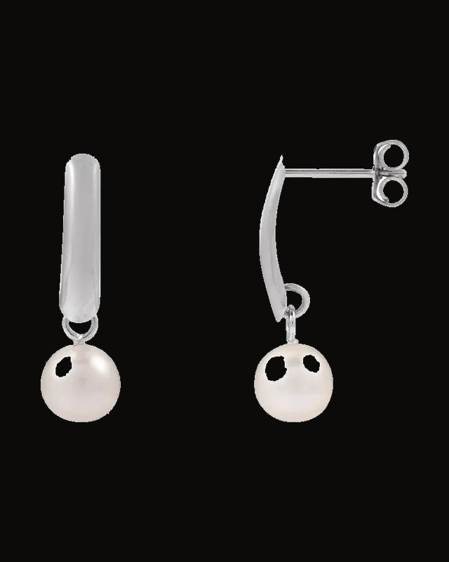 Cultured Freshwater White Pearl Drop Earrings — Rhodium-Plated on 14K White Gold