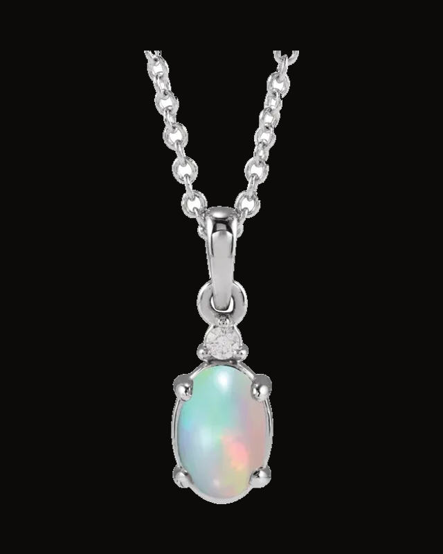 Natural Ethiopian Opal And 0.015 Ct Natural Diamond Cabochon Claw Prong Necklace — Sterling Silver