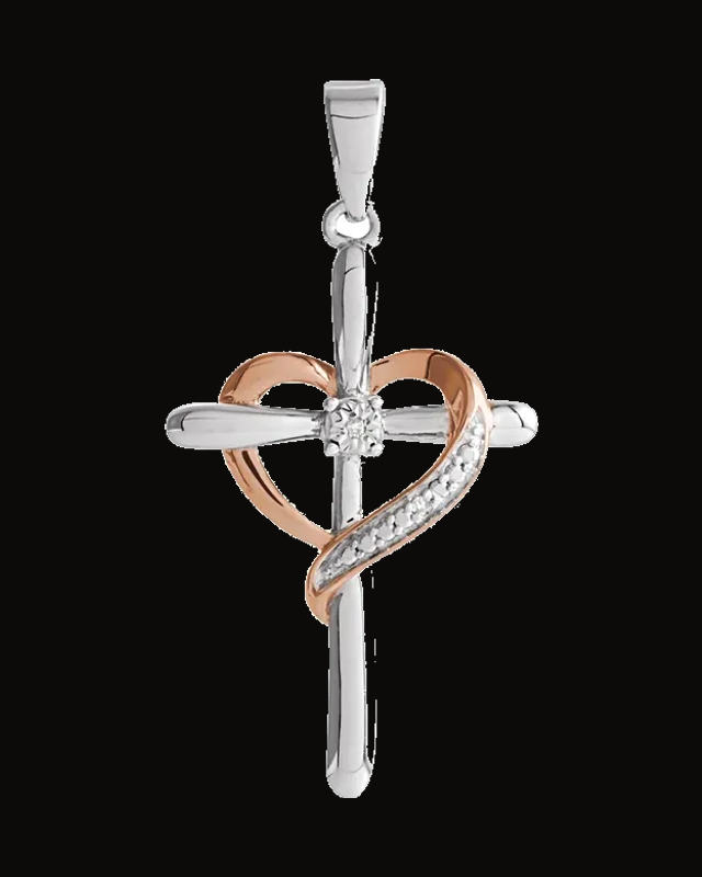 0.006 CTW Natural Diamond Heart And Cross Pendant — Rhodium-Plated on Sterling Silver