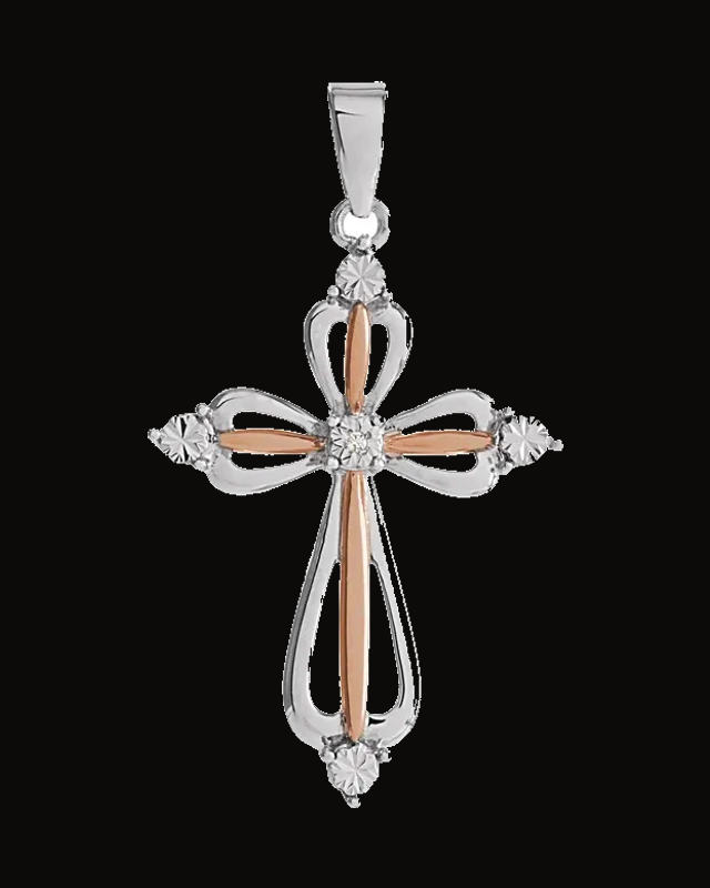 0.03 CTW Natural Diamond Cross Pendant — Rhodium-Plated on 14K Rose Gold-Plated Sterling Silver · 0.003