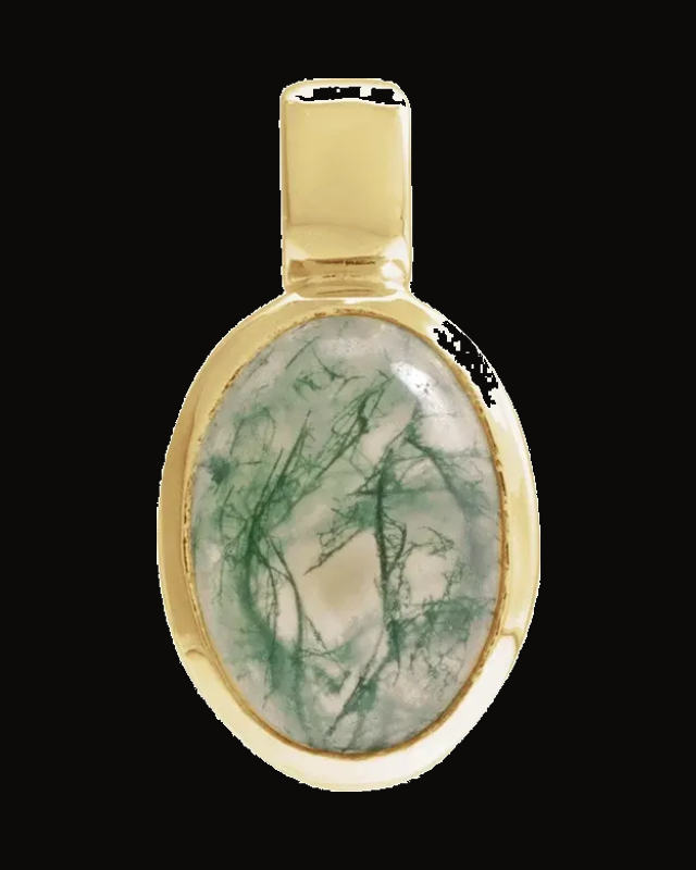 Natural Moss Agate Cabochon Bezel Charm/Pendant — 14K Yellow Gold · 7 x 5 mm