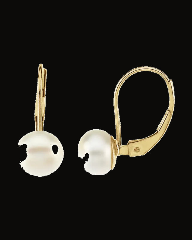 Cultured White Freshwater Pearl Lever Back Earrings — 14K Yellow Gold