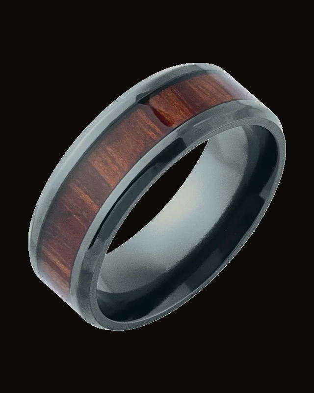 Beveled-Edge Golden Pineapple Wood Inlay Comfort-Fit Band — Black Titanium · 8 mm