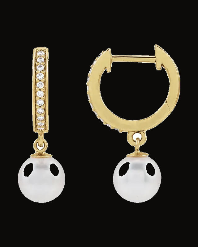 Cultured Whtie Freshwater Pearl And 1/10 CTW Natural Diamond Hoop Earrings — 14K Yellow Gold