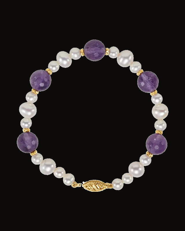 Natural Amethyst And Cultured White Freshwater Pearl Bracelet — 14K Yellow Gold · 10 mm