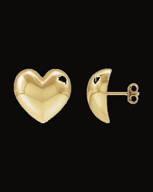 Electroform Puffed Heart Stud Earrings — 14K Yellow Gold