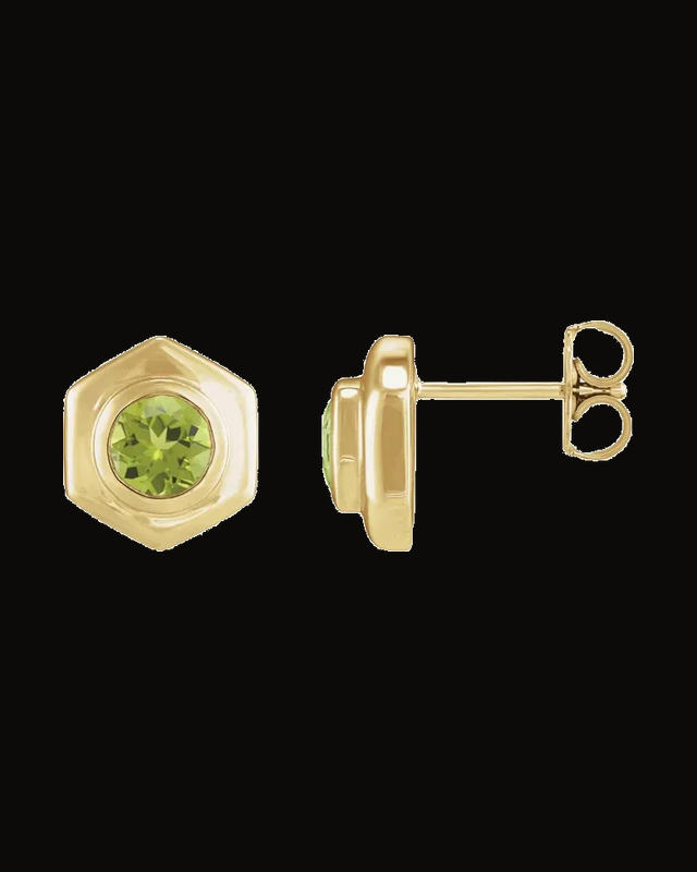 Natural Peridot Geometric Solitaire Bezel Set Earrings — 14K Yellow Gold · 5 mm
