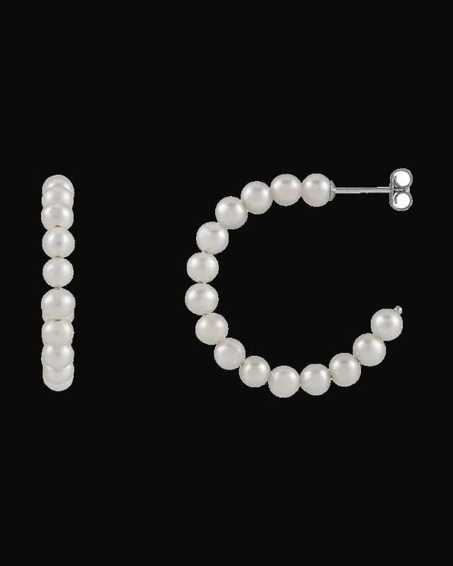 Cultured Freshwater Pearl Hoop Earrings — Rhodium-Plated on Sterling Silver