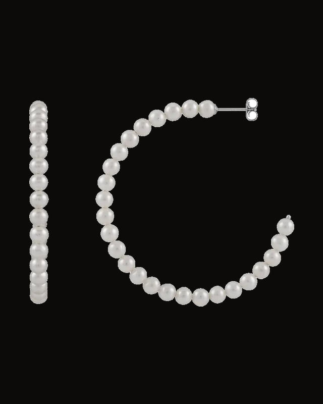 Cultured Freshwater Pearl Hoop Earrings — Rhodium-Plated on Sterling Silver