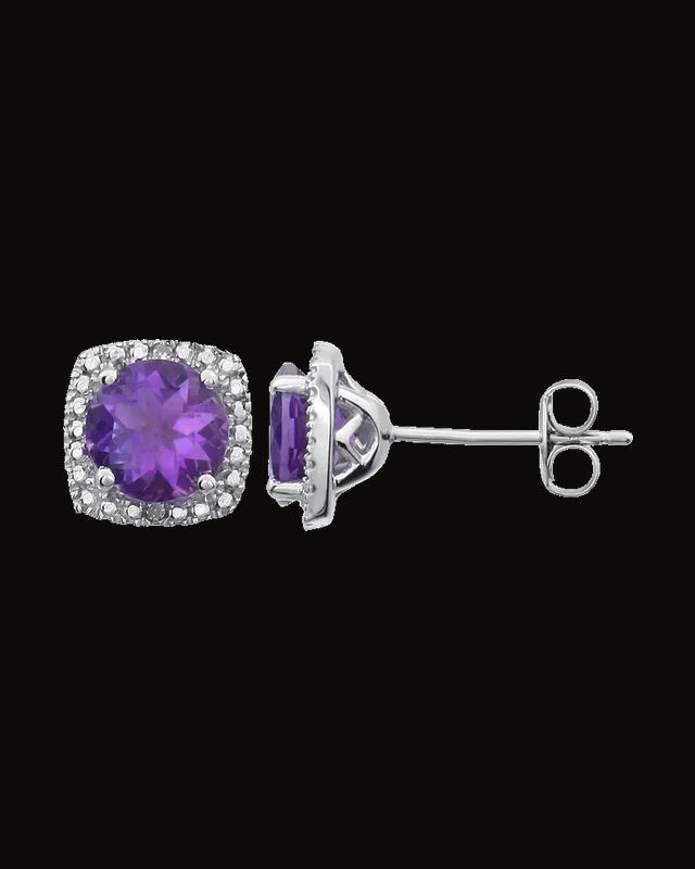 Round 4-Prong Halo-Style Birthstone Stud Earrings — Sterling Silver