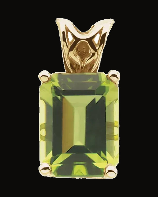 Natural Peridot Scroll Setting Pendant — 14K Yellow Gold · 8 x 6 mm