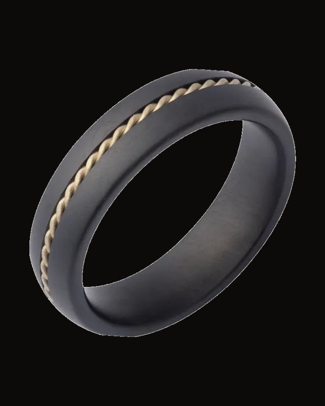 Half-Round Comfort-Fit Band With Satin Finish And 14K Yellow Gold Rope Inlay