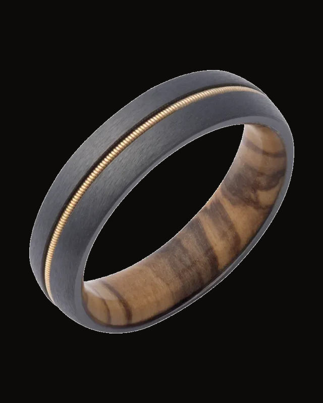 Half-Round Band With Olive Wood Interior Sleeve And Bronze Guitar String Center Inlay — Black Zirconium · 6 mm