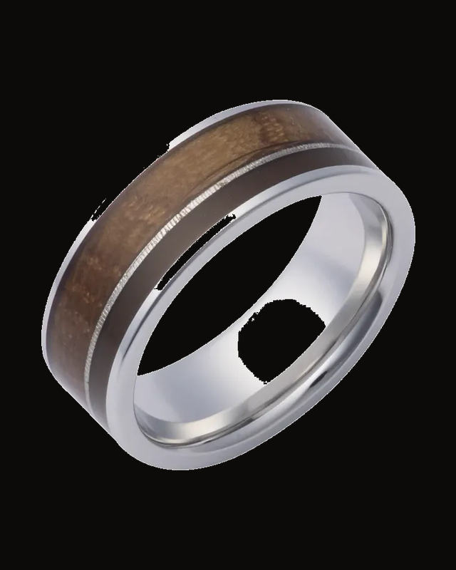 Whiskey Barrel Wood, Stippled Cobalt & Brown Epoxy Inlay Comfort-Fit Flat Band — 8 mm · Size 10
