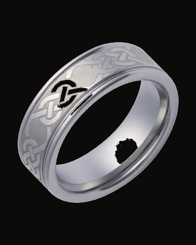 Grooved Edge Comfort-Fit Band With Satin Finish And Cletic Knot Exterior Engraving — Tungsten
