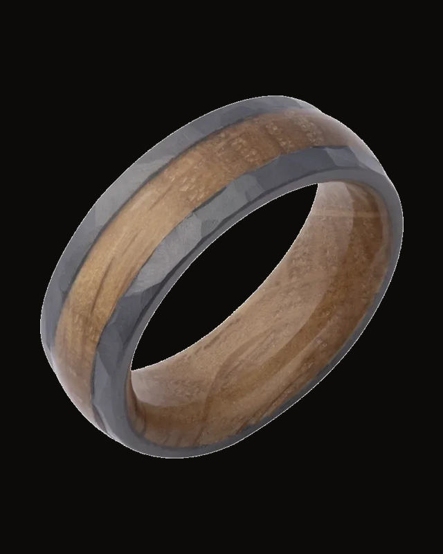 Whiskey Barrel Wood Inlay & Interior Sleeve Comfort-Fit Half-Round Band — Black Zirconium