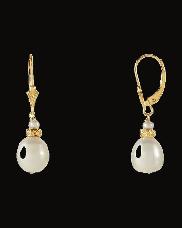 Cultured White Freshwater Pearl Earrings — 14K Yellow Gold