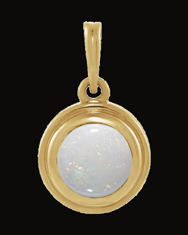Round Lab-Grown White Opal Cabochon Pendant — 14K Yellow Gold · 6 mm