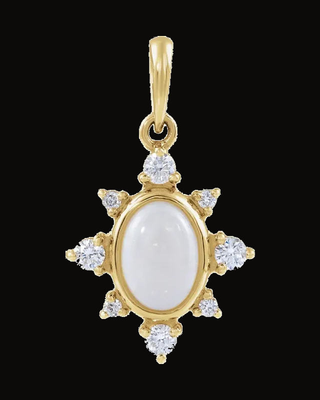 Lab-Grown White Opal And 1/6 CTW Lab-Grown Diamond Vintage-Inspired Pendant — 14K Yellow Gold