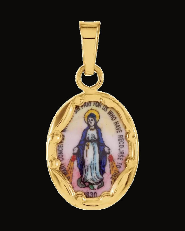 Hand Painted Porcelain Miraculous Medal — 14K Yellow Gold