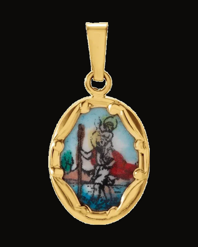 Hand Painted St. Christopher Porcelain Pendant — 14K Yellow Gold