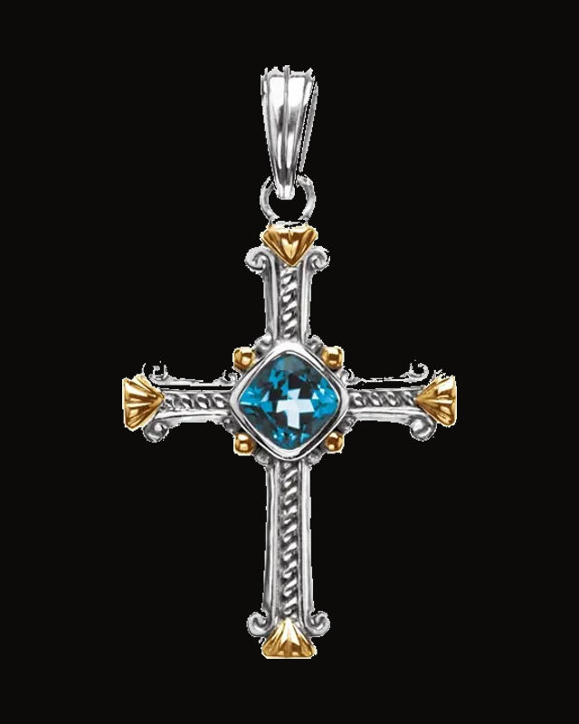 Natural Swiss Blue Topaz Cross Pendant — 14K Yellow Gold · 7 mm