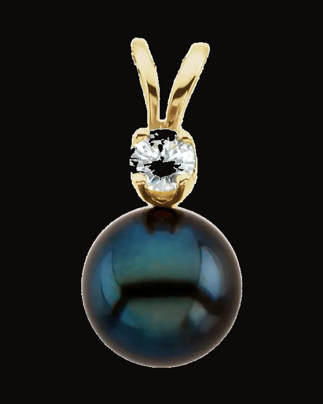 Cultured Black Akoya Pearl And 1/10 CTW Natural Diamond Pendant — 14K Yellow Gold