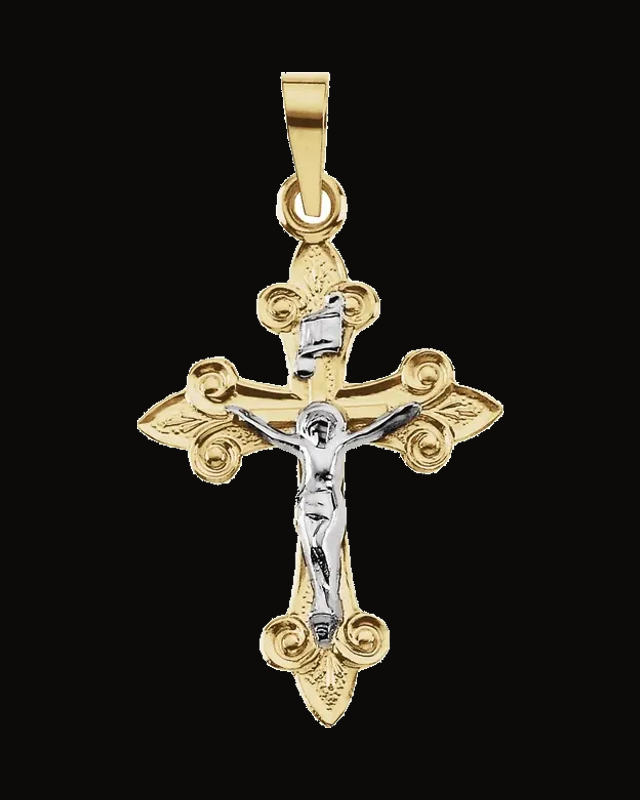 Two Tone Crucifix Pendant — Rhodium-Plated on 14K Yellow & White Gold