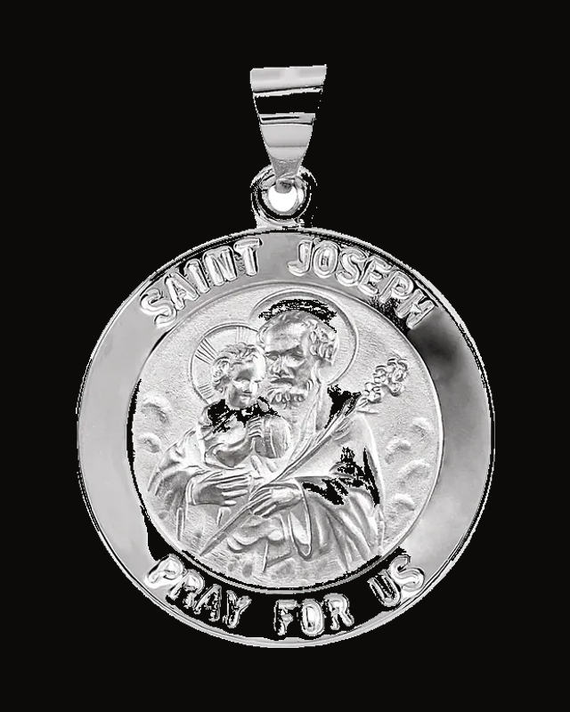 Round Hollow Jospeh Medal — Rhodium-Plated on 14K White Gold