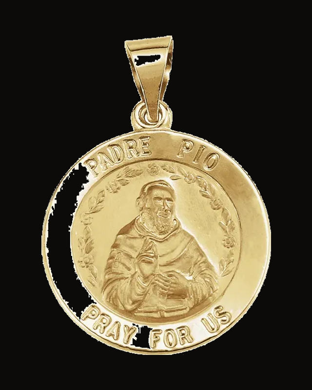 Round Hollow Padre Pio Medal — 14K Yellow Gold
